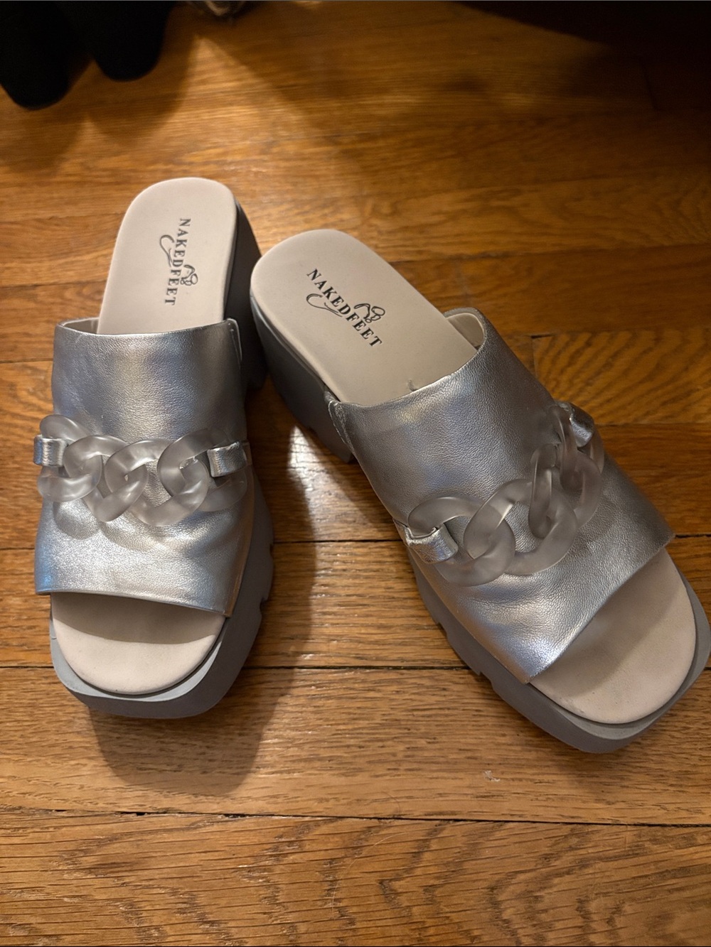 Naked Feet Silver Platform Chain-Detail Mules